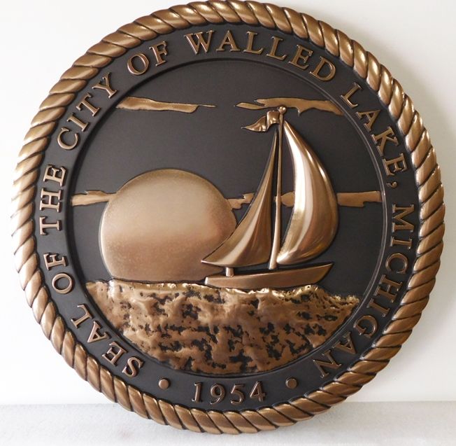 M7024 - Bronze-coated 3D Carved HDU  Plaque of the Seal of the City of Walled Lake., with Sailboat as Artwork