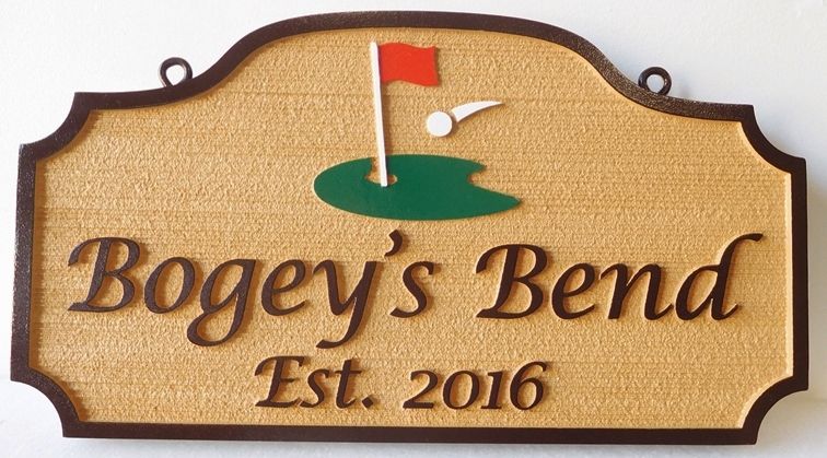 E14789 - Carved HDU Sign with the Name of a Golfer Residence "Bogey's Bend", with a Golf Ball Landing on a Green as Artwork