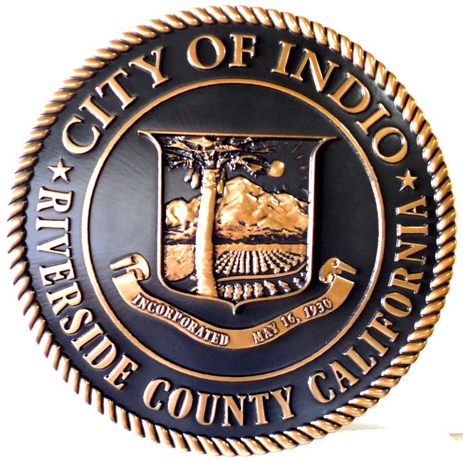 M7057 - Carved 3-D Bronze-plated  Plaque of  the Seal of the City of Indio, California.