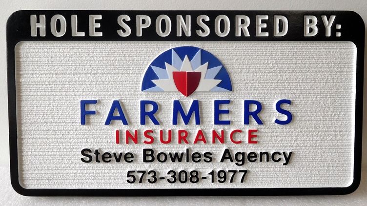 E14580 – Carved and Sandblasted Wood Grain  HDU Golf Hole Sponsor Sign, Famer's Insurance 