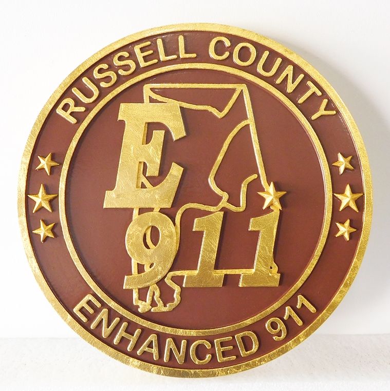 M7350- 24K Gold-leaf Gilded 2.5D Carved High-Density-Urethane Plaque for Russell County, Alabama.