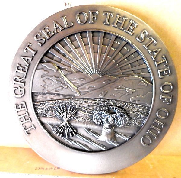 M7263 - Aluminum-plated  Carved High-Density-Urethane (HDU) Wall Plaque of the  Great Seal of the State of Ohio