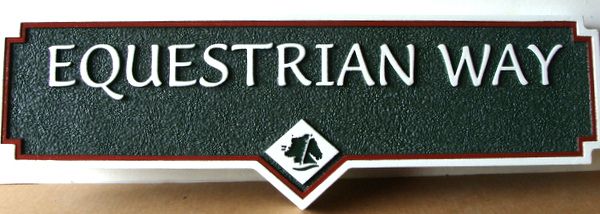 H17036- Carved Street Name Sign, Equestrian Way, with Engraved  Horse Head Logo 