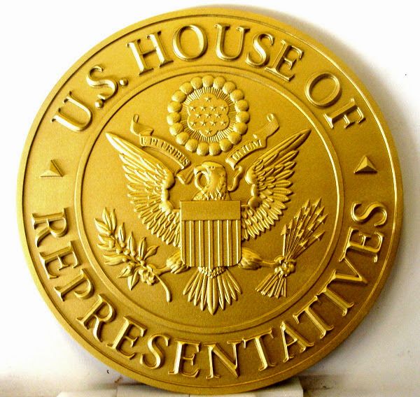 M7414 - Metallic Gold Painted Carved HDU Wall Plaque, painted Metallic Gold, of the Great Seal of the US House of Represntatives