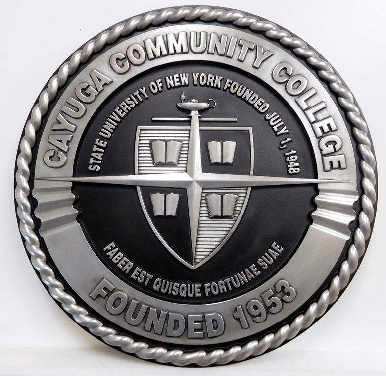 M7253  - Carved 3D Bas-relief Polished aluminum-plated  Plaque  for Cayuga Community College