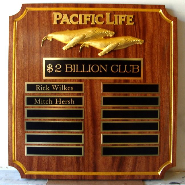 M7343 - Mahogany Wall Plaque for $2 Billion Club of Pacific Life, with Golf-Leaf Gilded Text and 3D Carved Whale Artwork.