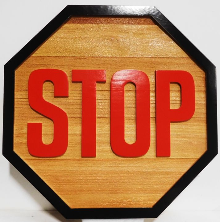 H17177 -  Carved and Sandblasted Cedar Wood  STOP Sign 