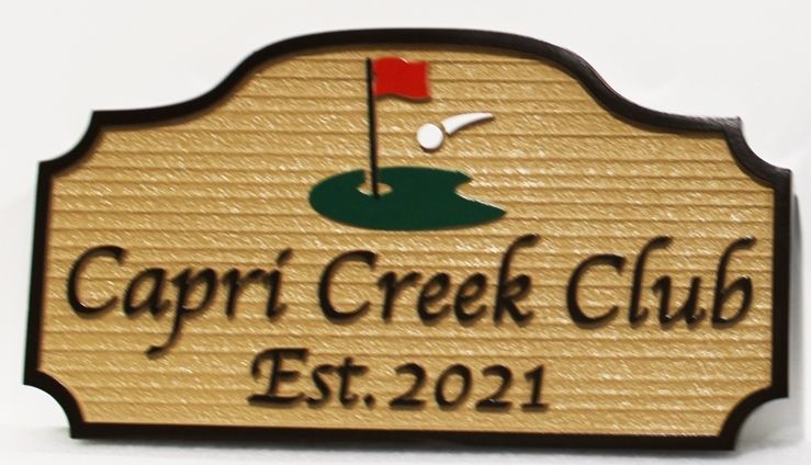 E14157 - Carved 2.5-D and Sandblasted Wood Grain HDU Entrance Sign for the  Capri Creek Club