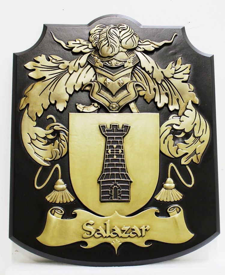 M7121 - Carved 3-D Brass-Plated wall plaque for the Salazar Family Coat-of-Arms. 