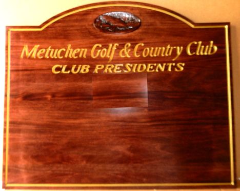 E14716 - Carved Mahogany Wooden Wall Plaque for Names of Golf Club Presidents with Carved Club Logo and 24KGold Leaf Text and Borders 