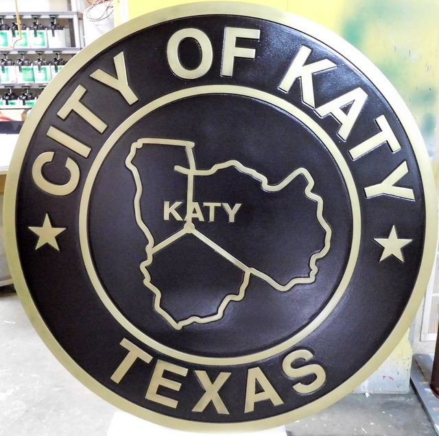 M7151 - Polished Brass Wall Plaque for the  Seal of the City of Katy, Texas