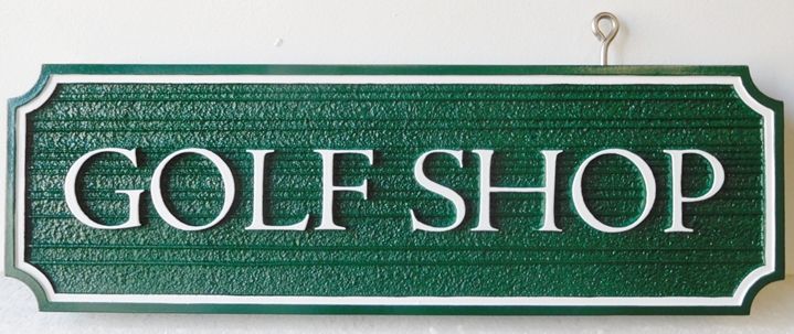 E14205 - Carved Sign for a  "Golf Shop", 2.5-D Raised Relief with Sandblasted Wood Grain Background