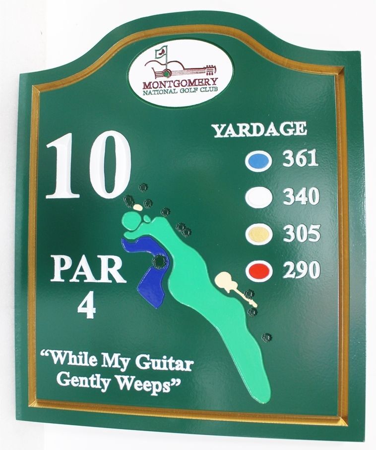 E14315 - Carved HDU Golf Course Tee #10 Sign for the Montgomery National Golf Club , with Hole Layout and Yardages