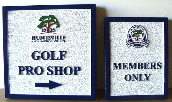 E14216  - Carved and Sandblasted HDU Signs for Huntsville Country Club, "Pro Shop" and "Members Only"