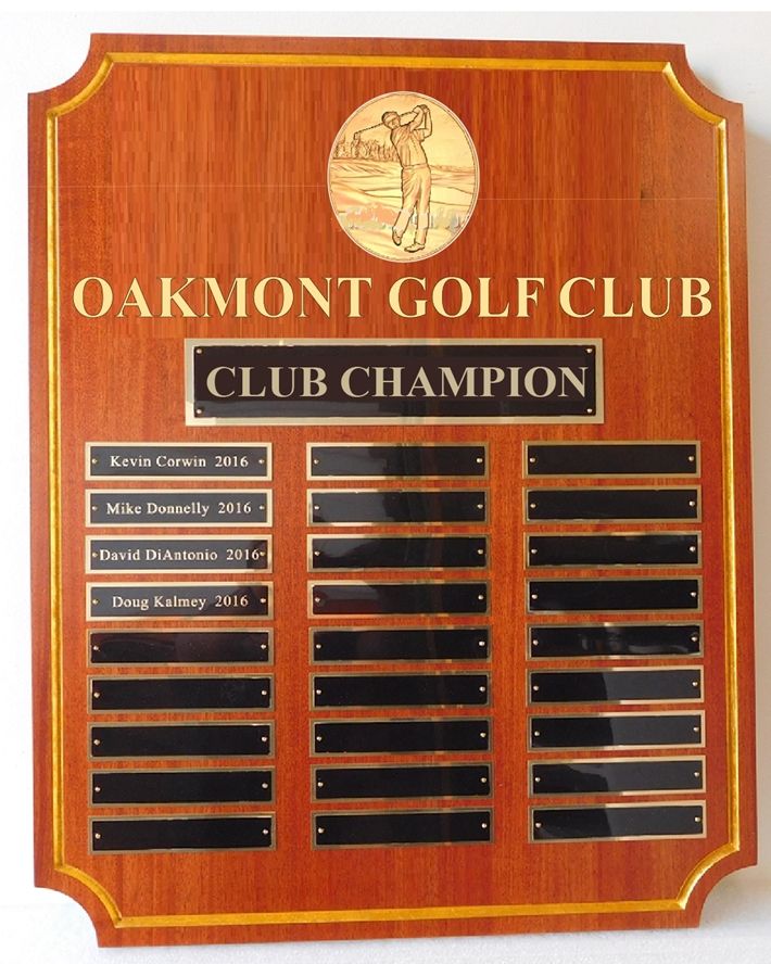 E14712 - Perpetual Plaque for Oakmont  Club Champion, with Engraved Brass Plates and 3-D Brass Logo