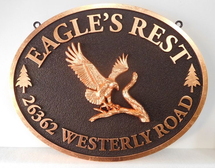 M7383 -  Carved 3-D Copper-plated Property Name  "Eagle's Rest" and Address Sign