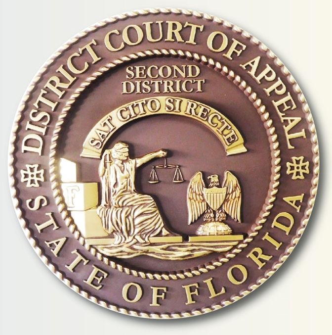 M7166 -  3D Polished Brass Wall Plaque for the Seal of the District Court of Appeals of the State of Florida