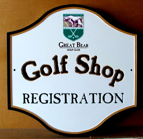 E14217  – Carved HDU Golf Shop Registration Sign for Great Bear Golf Club, with Logo