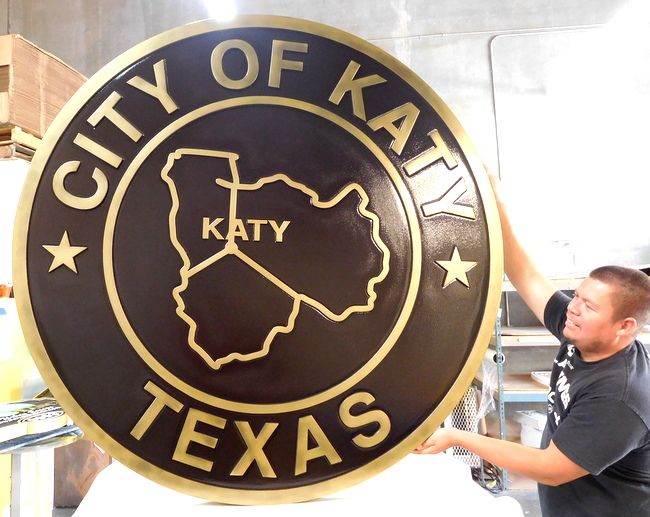 M7157  - Polished Brass Wall Plaque for the  Seal of the City of Katy, Texas