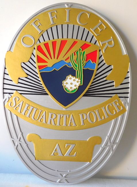 M7459 - Carved 3D Metallic Silver and Gold Painted High-Density-Urethane (HDU) Plaque of the Badge of a  Police Officer in Sahuarita, Arizona