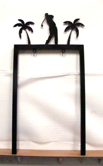 R14873 - Cast Aluminum Two-Post Sign Hanger with 3D Golfer and Palm Trees 