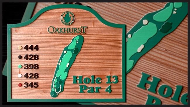 E14427– Carved Cedar Wood Golf Tee Sign for Oakhurst Country Club, 2.5-D Multi-Level Raised Relief with Fairway Map