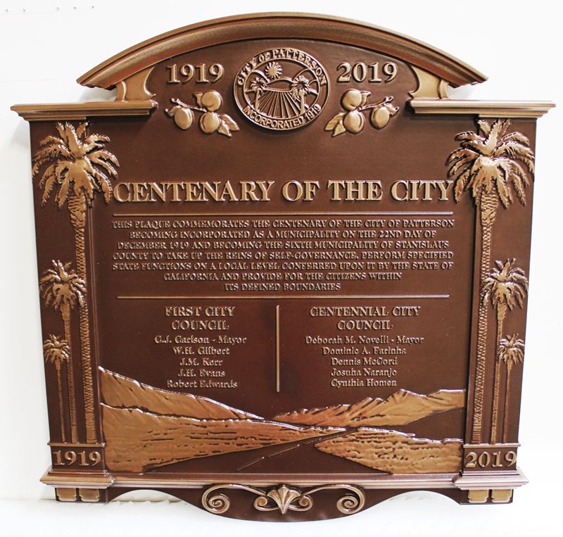 M7009 - Bronze-plated 3D Carved HDU Centenary Plaque for the City of Patterson, California.