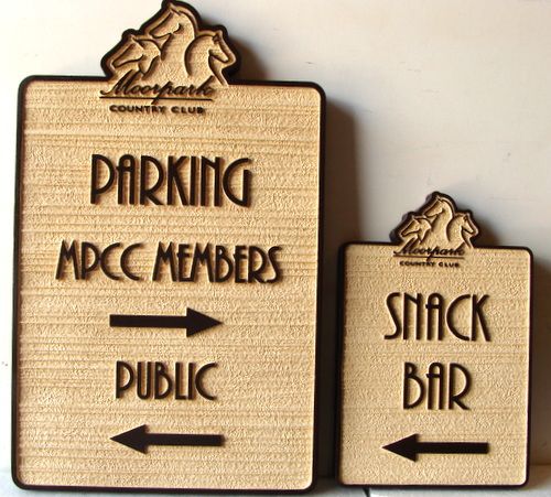 E14224 - Carved and Sandblasted HDU Signs for Moorpark Country Club , "Parking" and "Snack Bar"