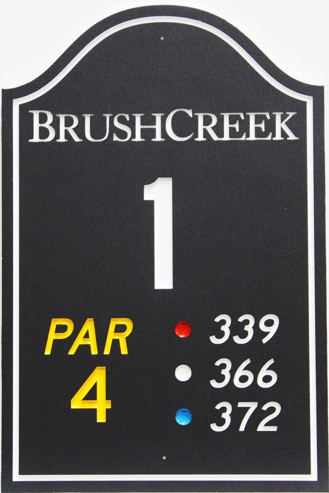 E14428 - Engraved HDPE Tee Sign for Hole 1 of the Brush Creek Golf Course