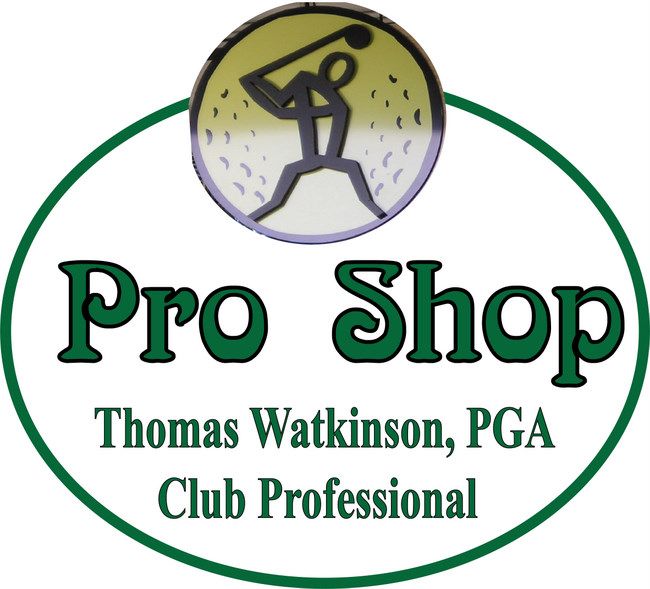 E14210 - Carved Pro Shop Sign with Golfer and Golf Ball