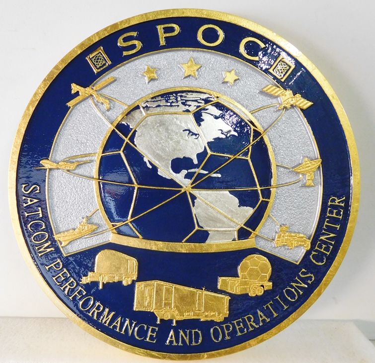 M7381 -  Silver-leaf Gilded 2,5D carved multi-level High-Density-Urethane Plaque of the Crest of the US Air Force Satellite Performance and Operations Center.