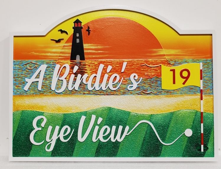 E14795 - Carved, HDU Sign for a  a Golfer's  Residence "A Birdie's Eye View" with  a Golf Ball on a Green, a Lighthouse and a Sunset over the Ocean as Artwork. 