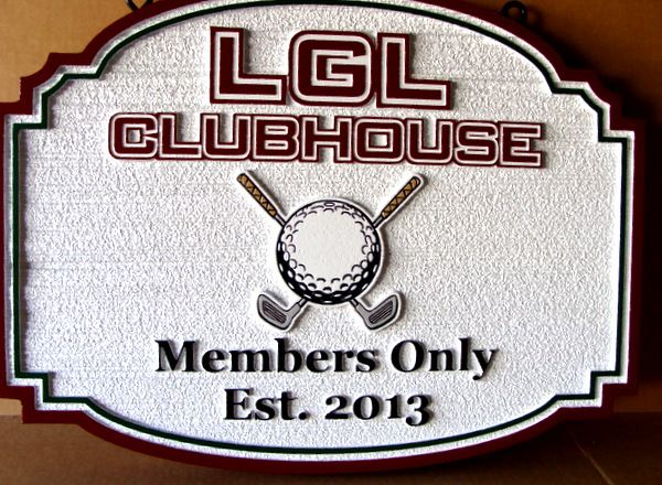 E14155 - Carved and Sandblasted Country Club Sign for LGL Clubhouse, with Crossed Clubs and Golf Ball Art