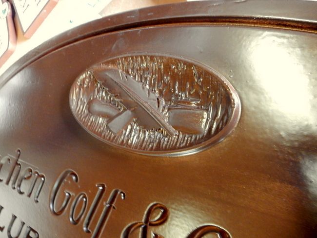 E14717 - Close-up of Carved Mahogany Logo for Metuchen Golf Club Plaque (See photo of entire Metuchen plaque in Gallery 14.)