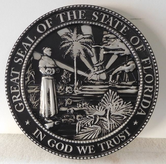 M7465 - Metallic Silver and Black Painted  Carved 3D HDU plaque of the great Seal of the State of Florida.