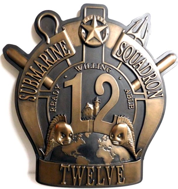 M7026 - Bronze-coated 3D Carved HDU Plaque of the Crest of the 12th Submarine Squadron, US Navy. . 