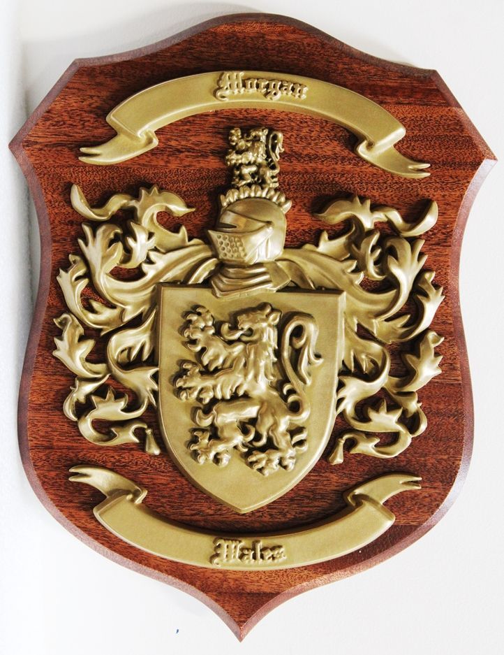 M7162 - Custom 3D Carved  Polished Brass  Family Coat-if-arms Mounted on a Mahogany Wood Shield Plaque