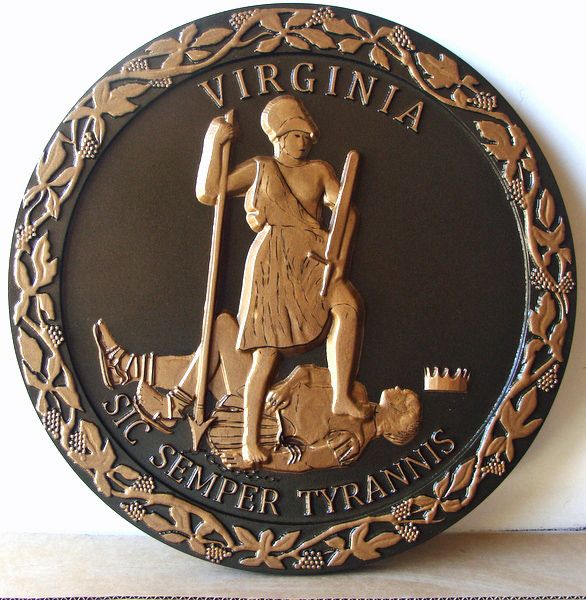 M7468 - 3D Bas-Relief Carved HDU Wall Plaque of the Great Seal of the State of Virginia, with Bronze  Metallic Paint