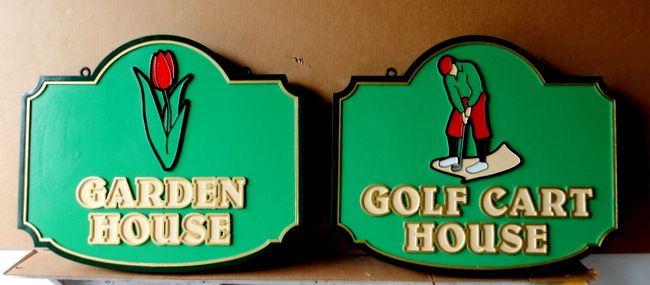 E14229 - Carved HDU Golf Course Signs Golf Cart House and Golf Garden House with Carved Image of Golfer and Tulip