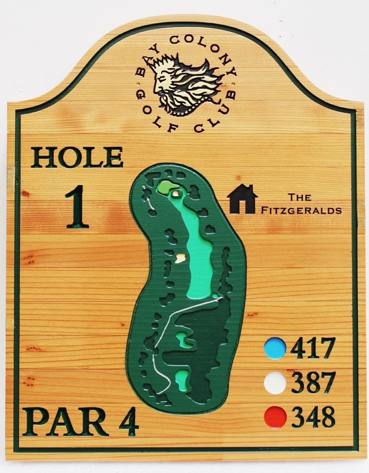 E14422 - Carved Cedar Tee Sign giving the hole layout for the 1st Hole of  the Bay Colony Golf  Club.