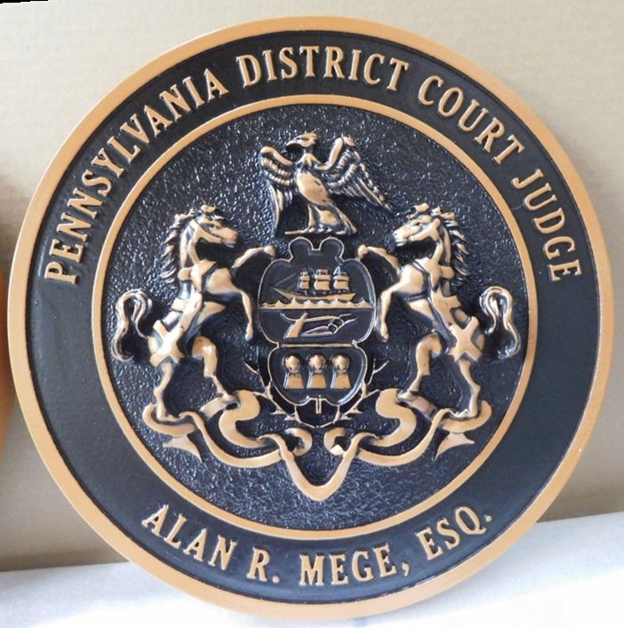 M7030 –  Carved Bronze-Coated Wall Plaque of thebronze-plated 3D Carved HDU Great Seal of the State of Pennsylvania, for a Pennsylvania District Court Judge. 