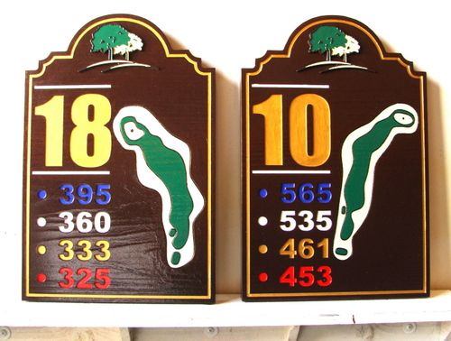 E14414 - Carved Redwood Tee Signs with Maps and Yardage