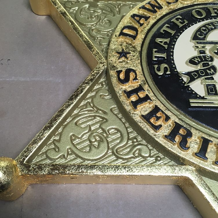 M7333- Carved 3D Gold-Leaf Gilded Wall Plaque (Close-up)  of the Badge of the Dawson County Sheriff's Office