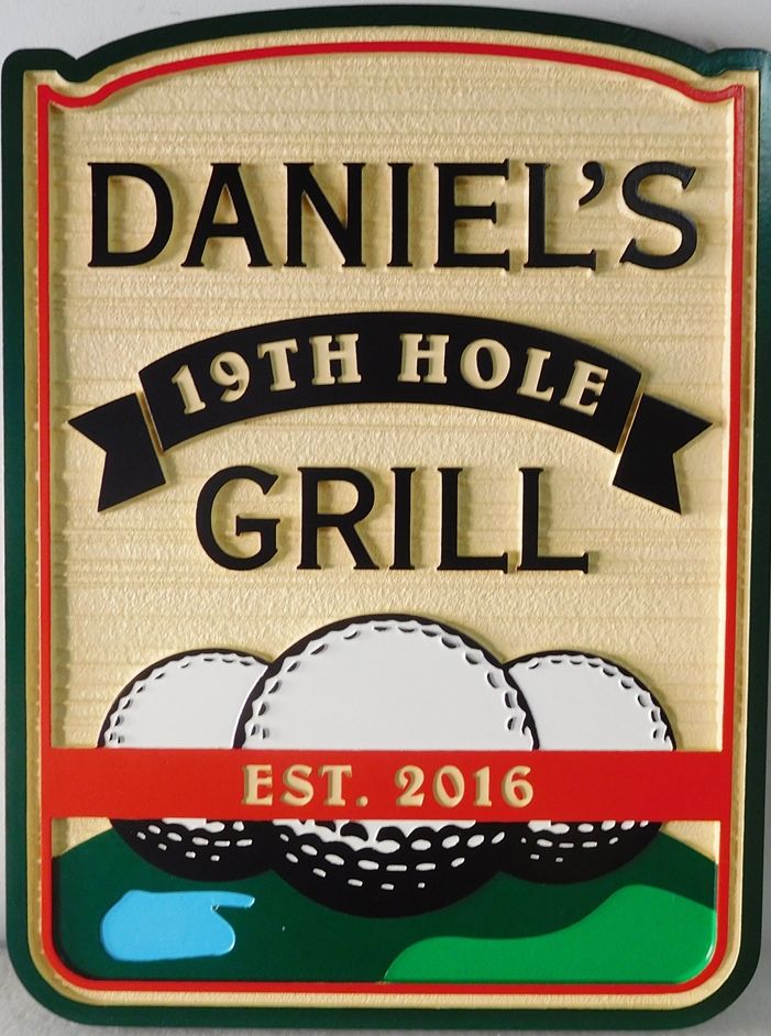 E14663 - Carved and Sandblasted Wood Grain "Daniel's 19th Hole Grill"  Wall Sign with Golf Ball Artwork