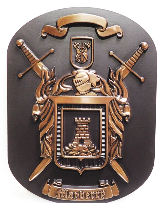 M7021- 3-D Bronze-plated Plaque of a Family Coat-of-Arms, with Crossed Swords and  Castle.