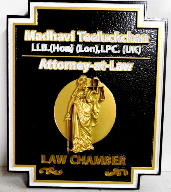 M7342 - Attorney's Sign with Carved 3D Gold-Leaf Lady Justice