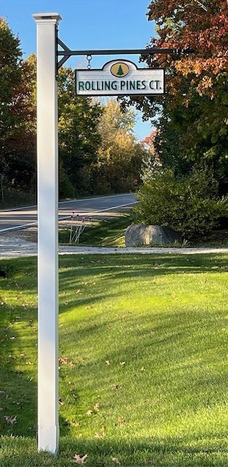 H17006  Carved and Sandblasted HDU Hanging Street Name Sign for "Rolling Hills Court" and Aluminum Post 