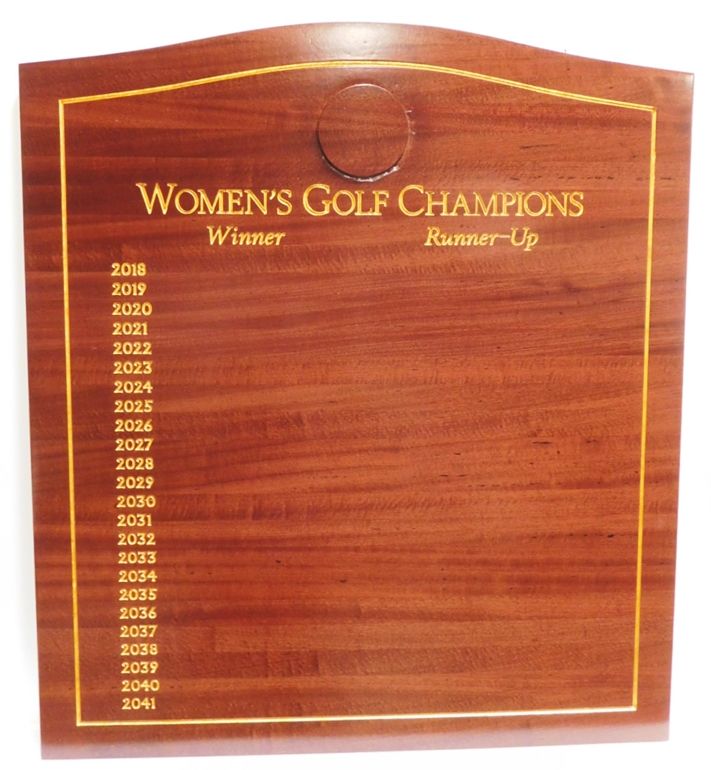 E14719 - Engraved Mahogany  Women's Golf Club Champion Perpetual Wall Plaque (braas Nameplates not yet Installed).