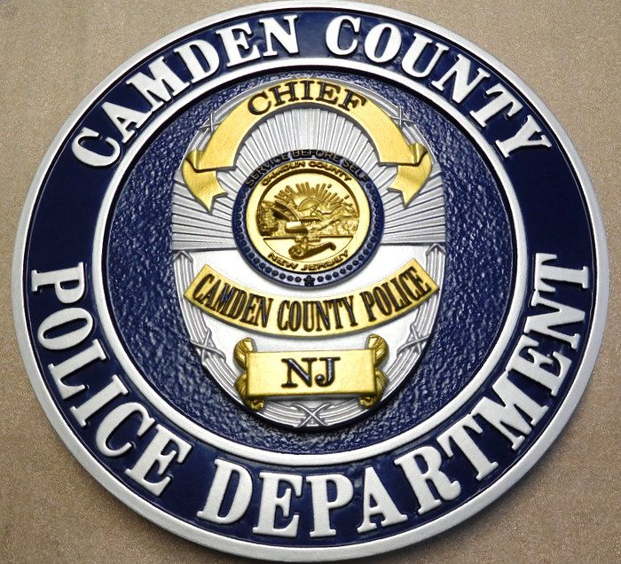 M7455 - Metallic Silver and Gold Painted Carved 3D Wall Plaque of a Policeman's Badge , Camden, New Jersey 