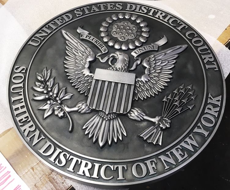 M7261 - Aluminum-plated  Carved High-Density-Urethane (HDU) Wall Plaque of the  Seal of the US District Court , Southern District of New York.